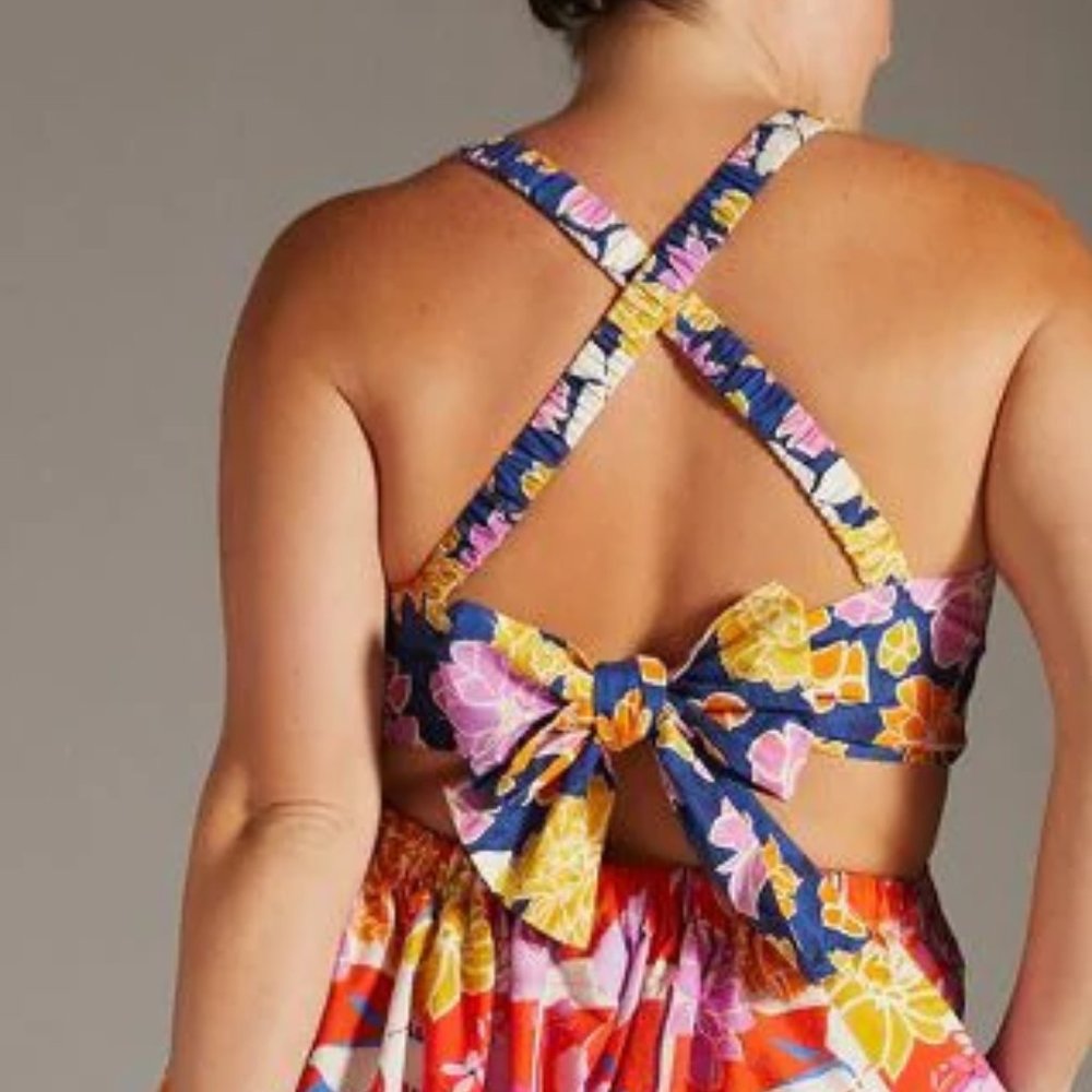 Anthropologie Navy Floral Halter Midi Dress with Pink, Yellow & Orange Blooms - Picture 5 of 10